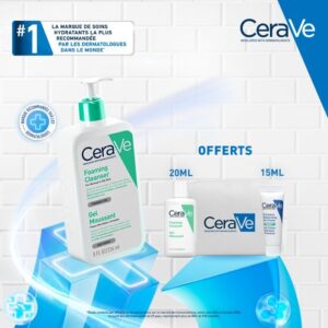 CERAVE Gel Moussant Peaux Normales à Grasses 473ml 3 Céramides Niacinamide Purification Équilibre + Mini Gel + Mini Crème Oil Control + Trousse OFFERTS