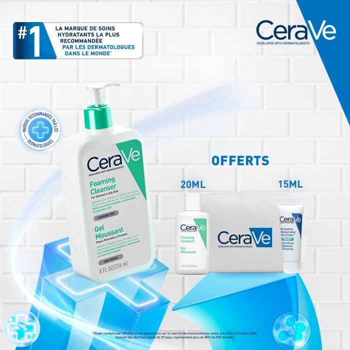 CERAVE Gel Moussant Peaux Normales à Grasses 473ml 3 Céramides Niacinamide Purification Équilibre + Mini Gel + Mini Crème Oil Control + Trousse OFFERTS