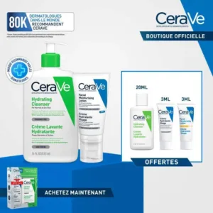 CeraVe Pack Routine Complète - Crème Lavante 473ml + Crème Hydratante Visage 52ml + 3 Miniatures Offertes