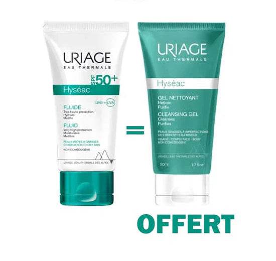 URIAGE HYSÉAC Fluide SPF50+ 50ml + Gel Nettoyant 50ml Offert Pack Anti-Acné Protection Solaire Peaux Grasses