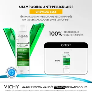 VICHY Dercos Shampooing Antipelliculaire Cheveux Secs 200ml + Mini 50ml OFFERT Sélénium DS Anti-Pellicules Nutrition Intense